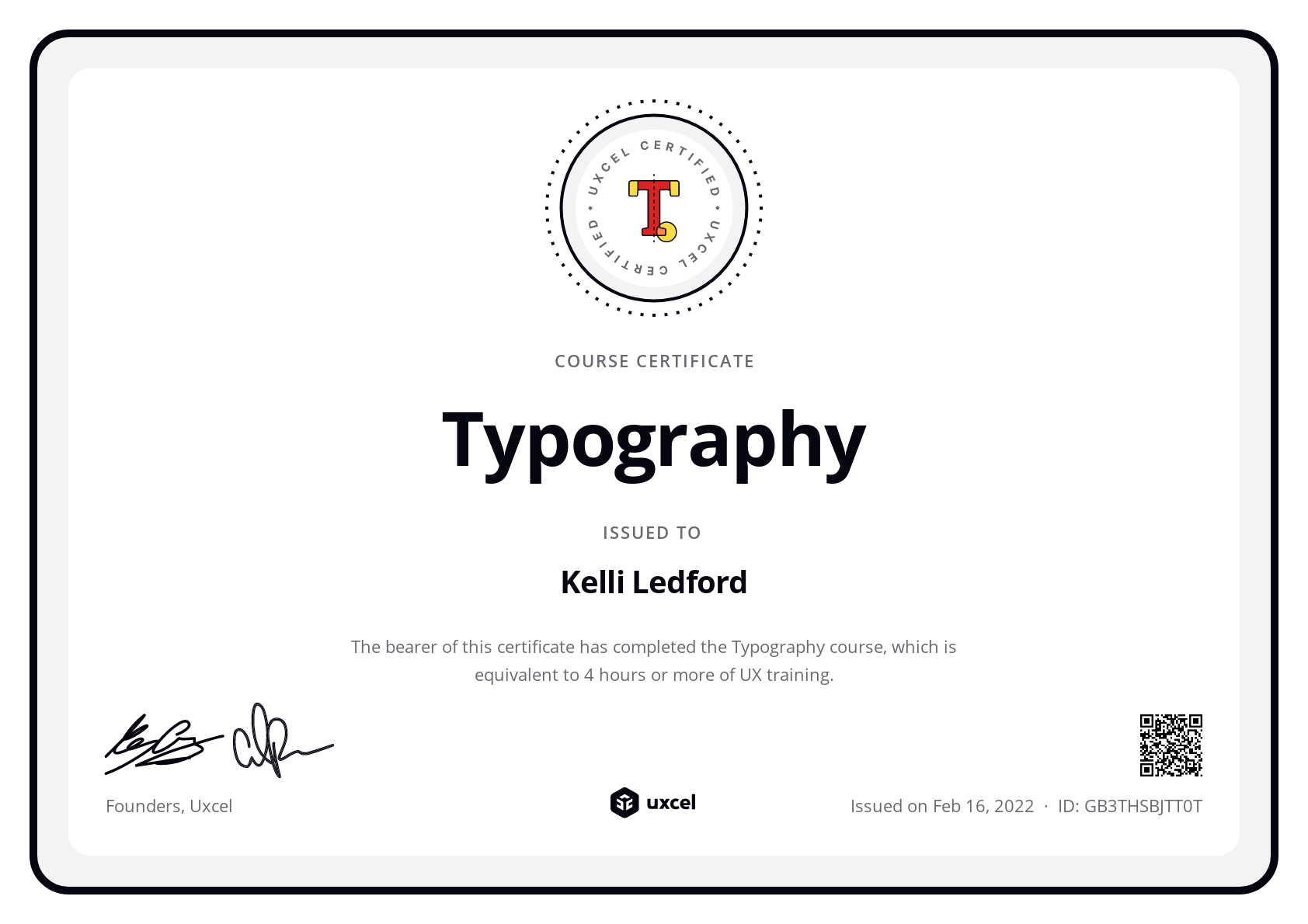 Kelli Ledford's certificate